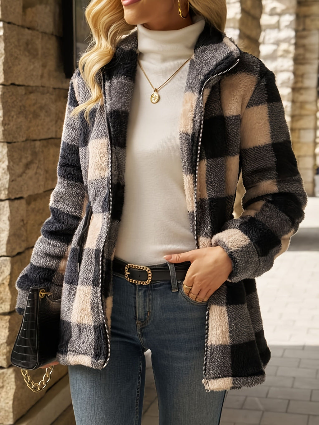 Women's Cozy Checked Hooded Jacket – Casual Wear, Outdoor Activities