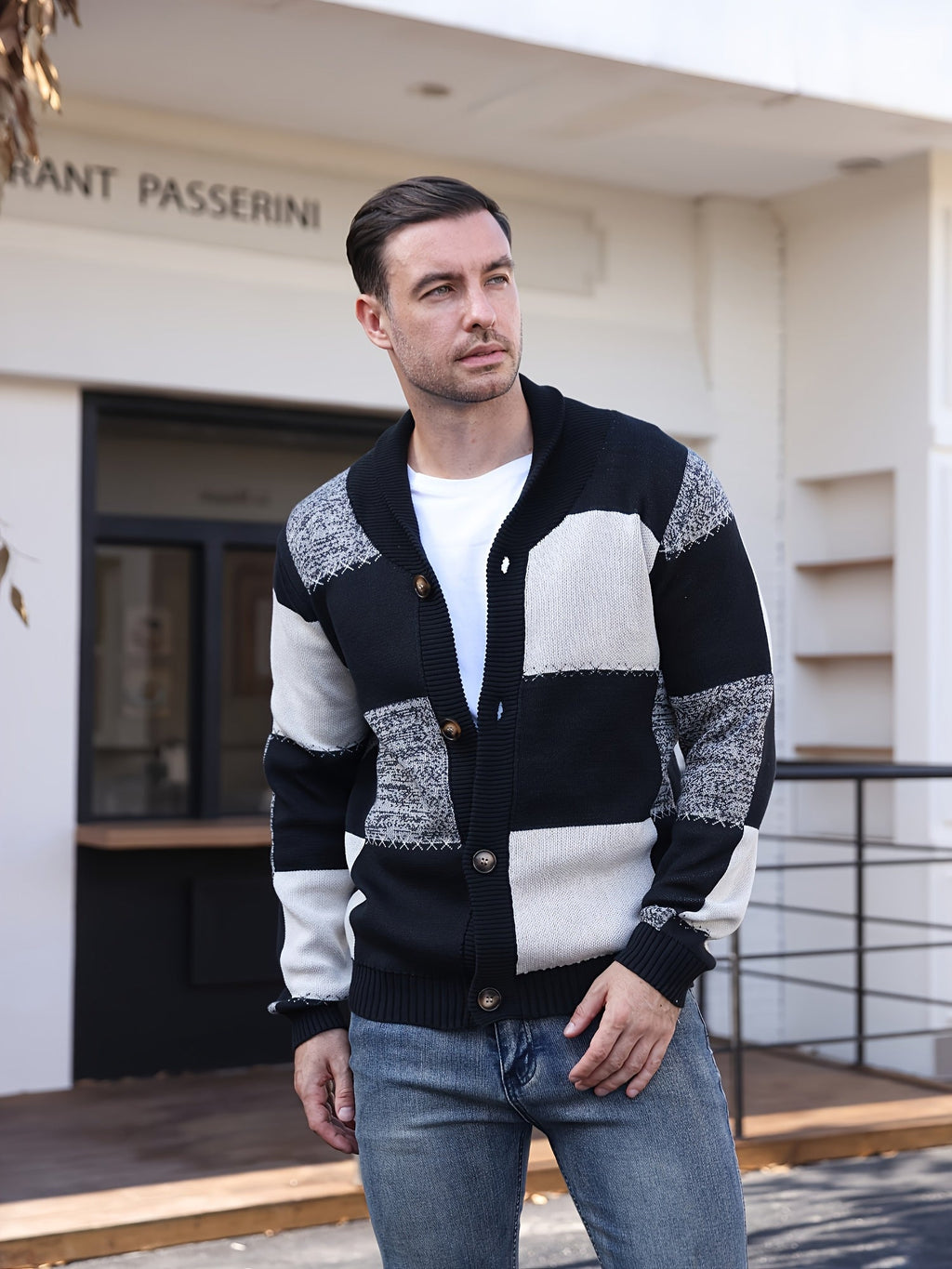 Men's Color-Blocked Button-Up Cardigan – Casual Wear, Layering