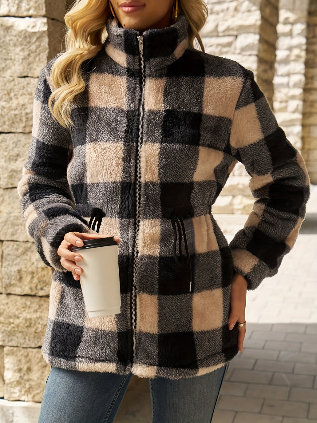 Women's Cozy Checked Hooded Jacket – Casual Wear, Outdoor Activities