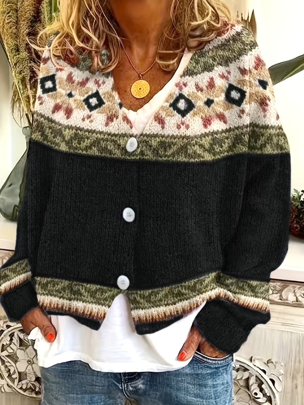 Women's Patterned Button-Front Cardigan – Casual Wear, Layering