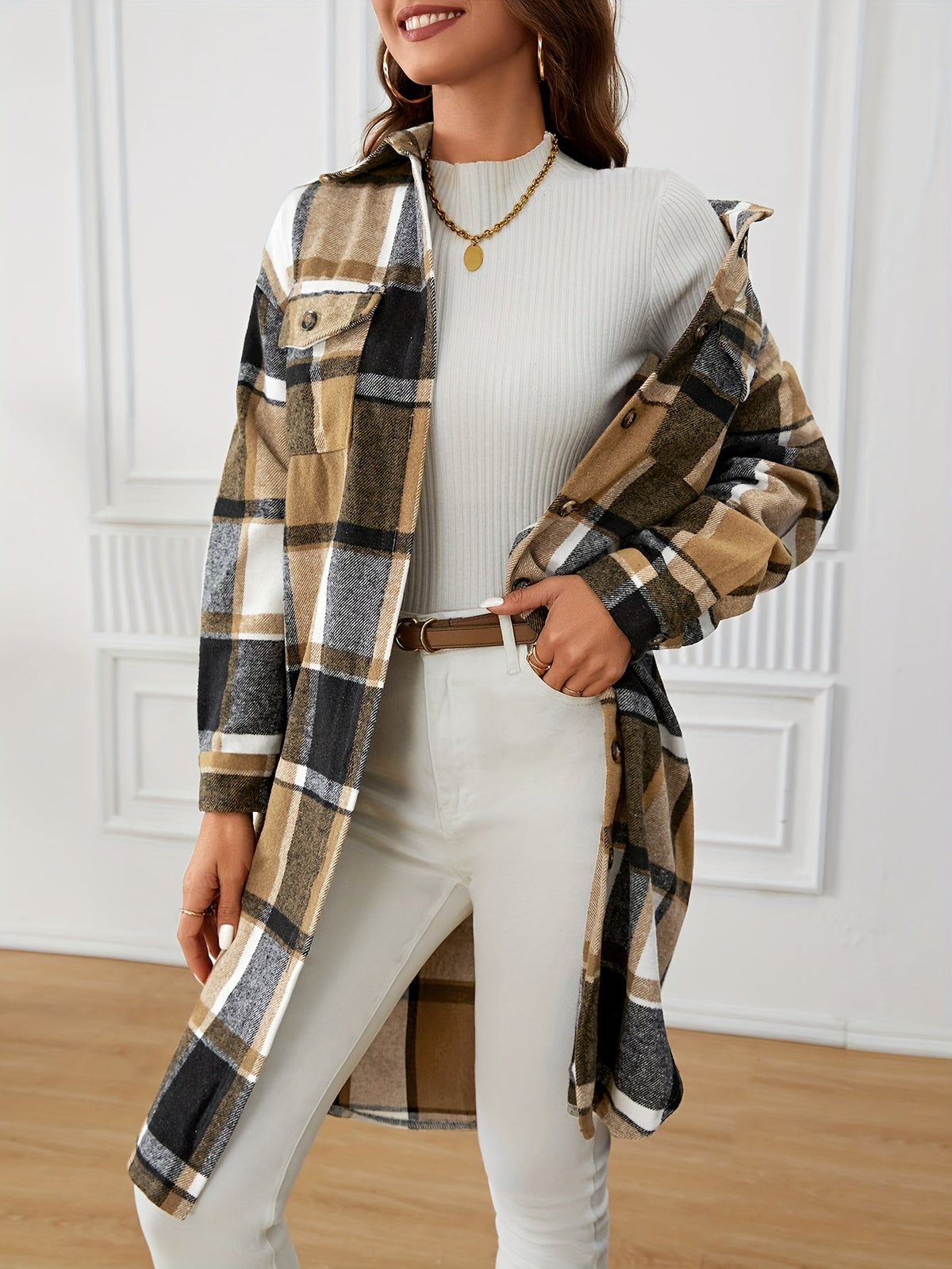Women's Longline Plaid Coat – Casual Wear, Stylish Layering