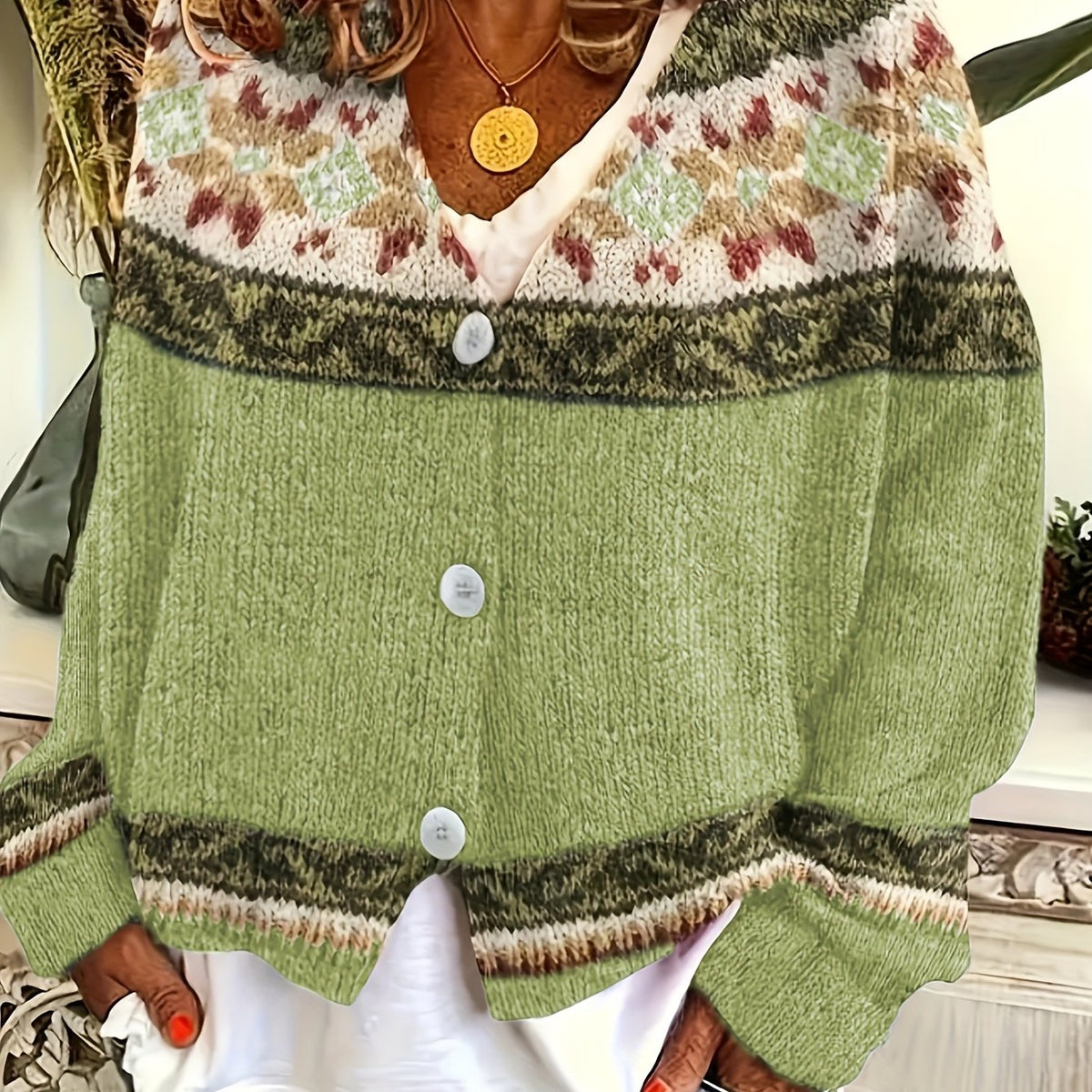 Women's Patterned Button-Front Cardigan – Casual Wear, Layering