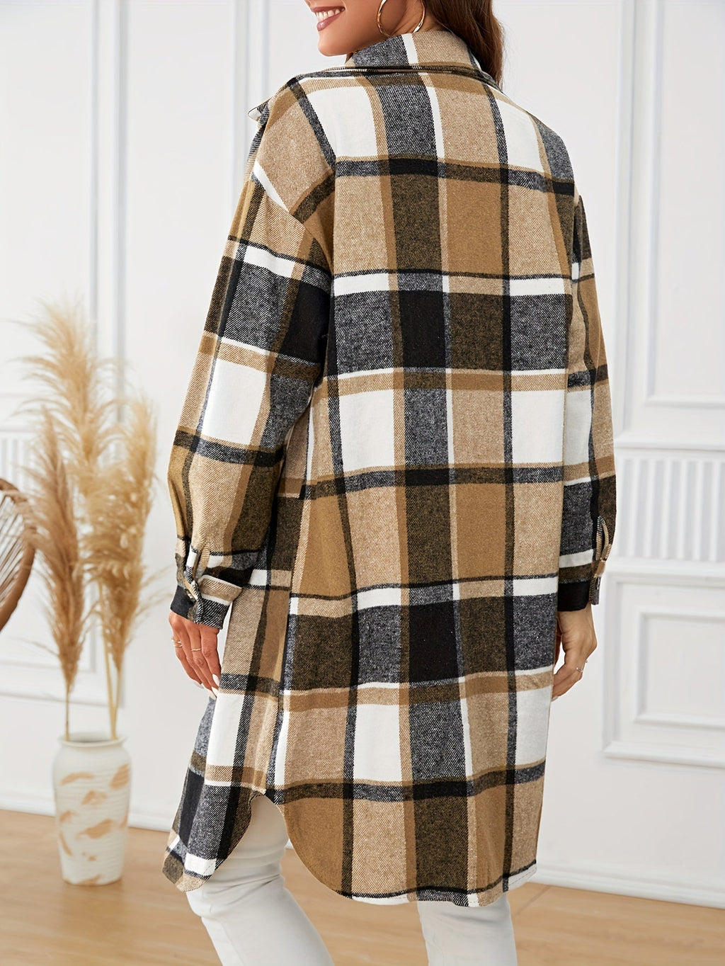 Women's Longline Plaid Coat – Casual Wear, Stylish Layering