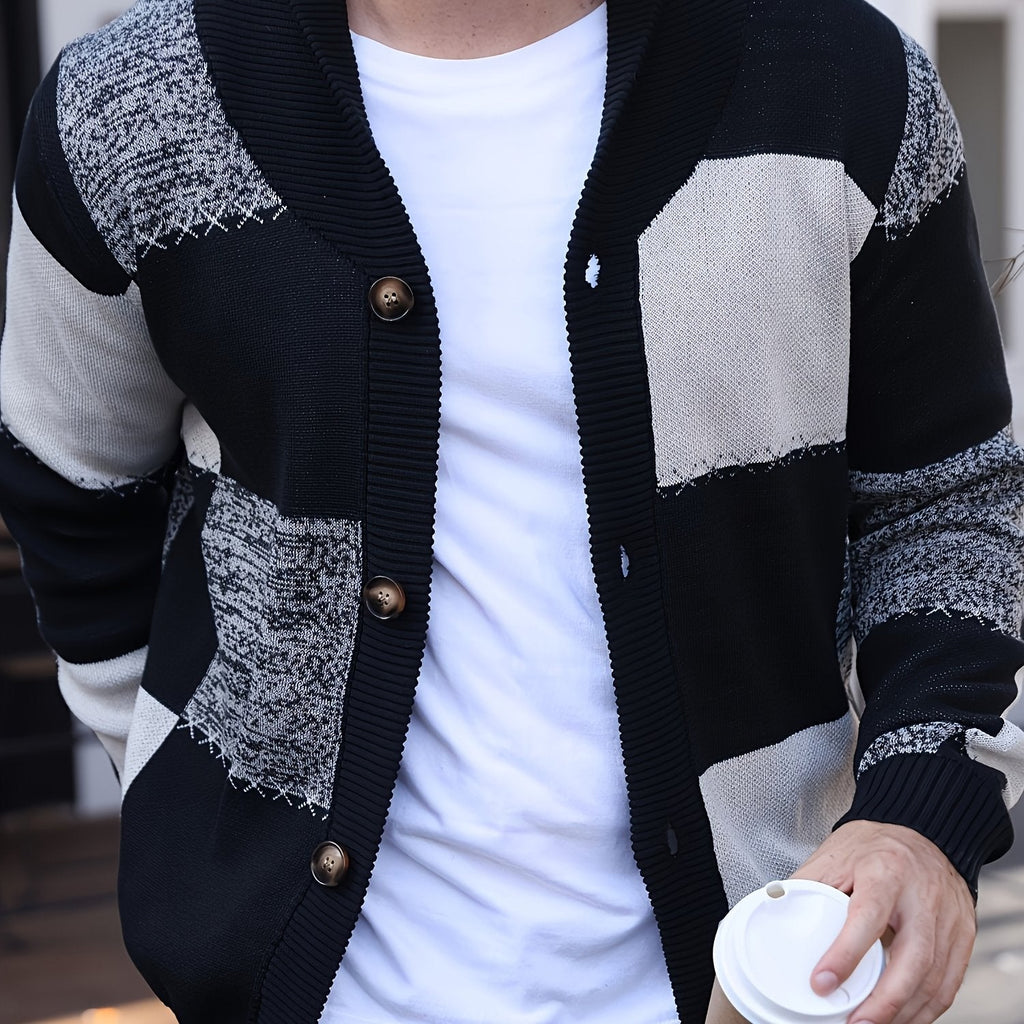 Men's Color-Blocked Button-Up Cardigan – Casual Wear, Layering