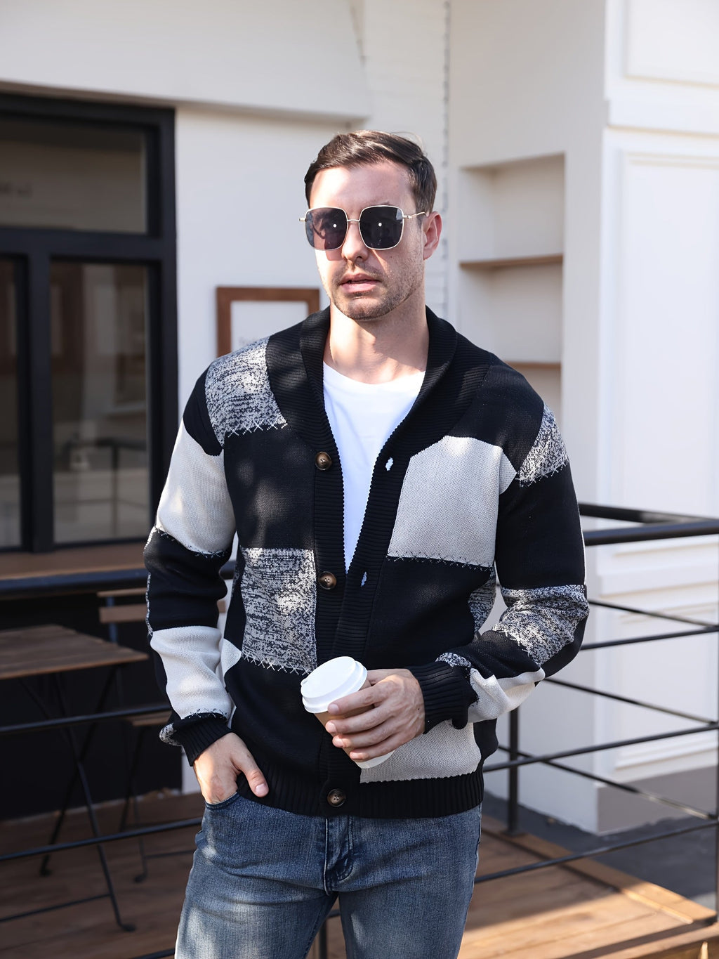 Men's Color-Blocked Button-Up Cardigan – Casual Wear, Layering