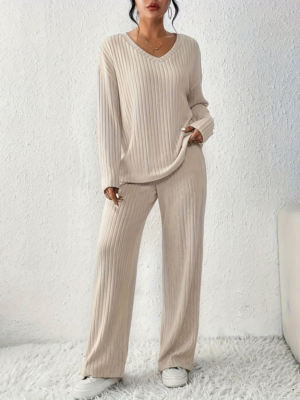 Women's Ribbed Lounge Two-Piece Set – Relaxing, Home Wear