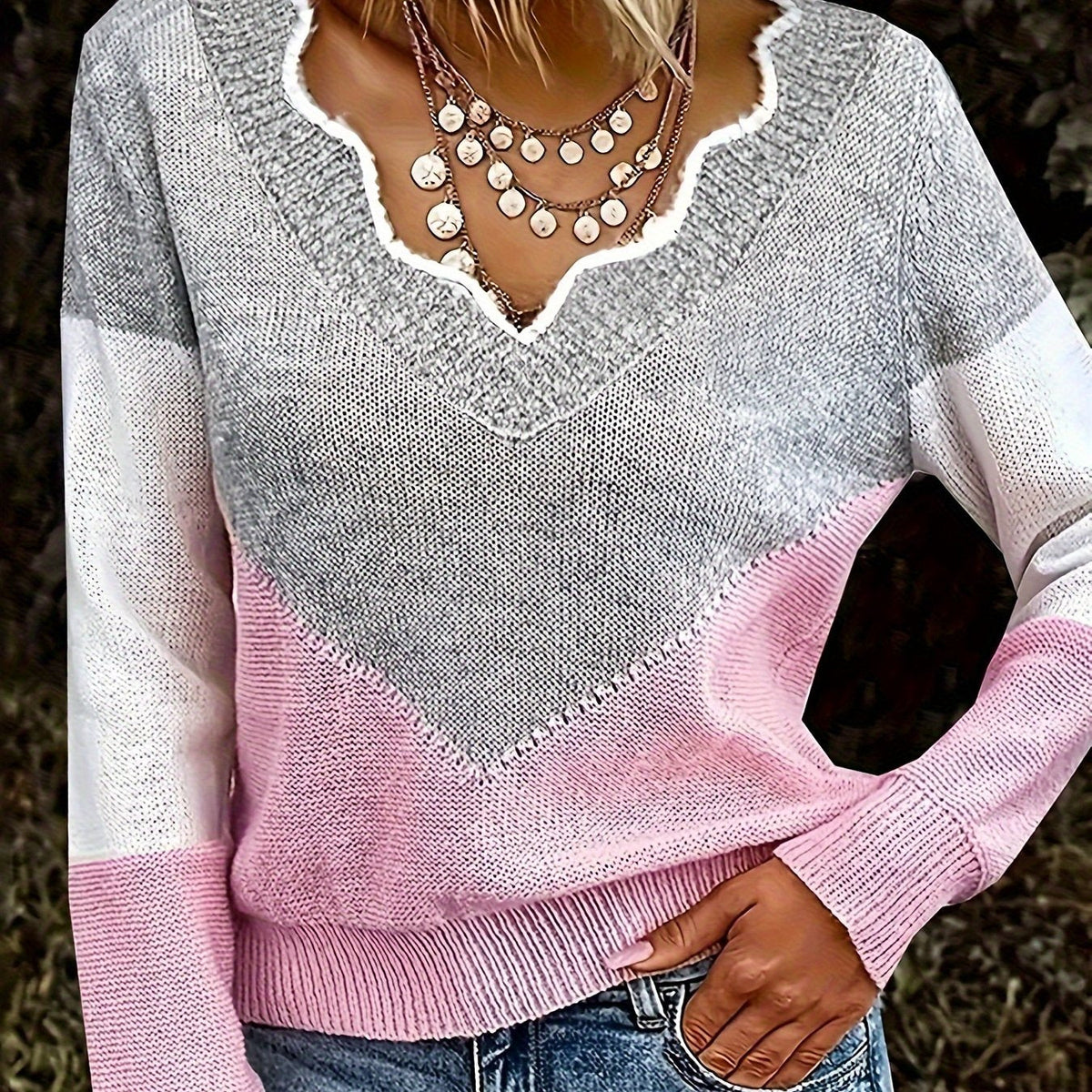 Women's V-Neck Colorblock Sweater – Casual Wear, Stylish Layering