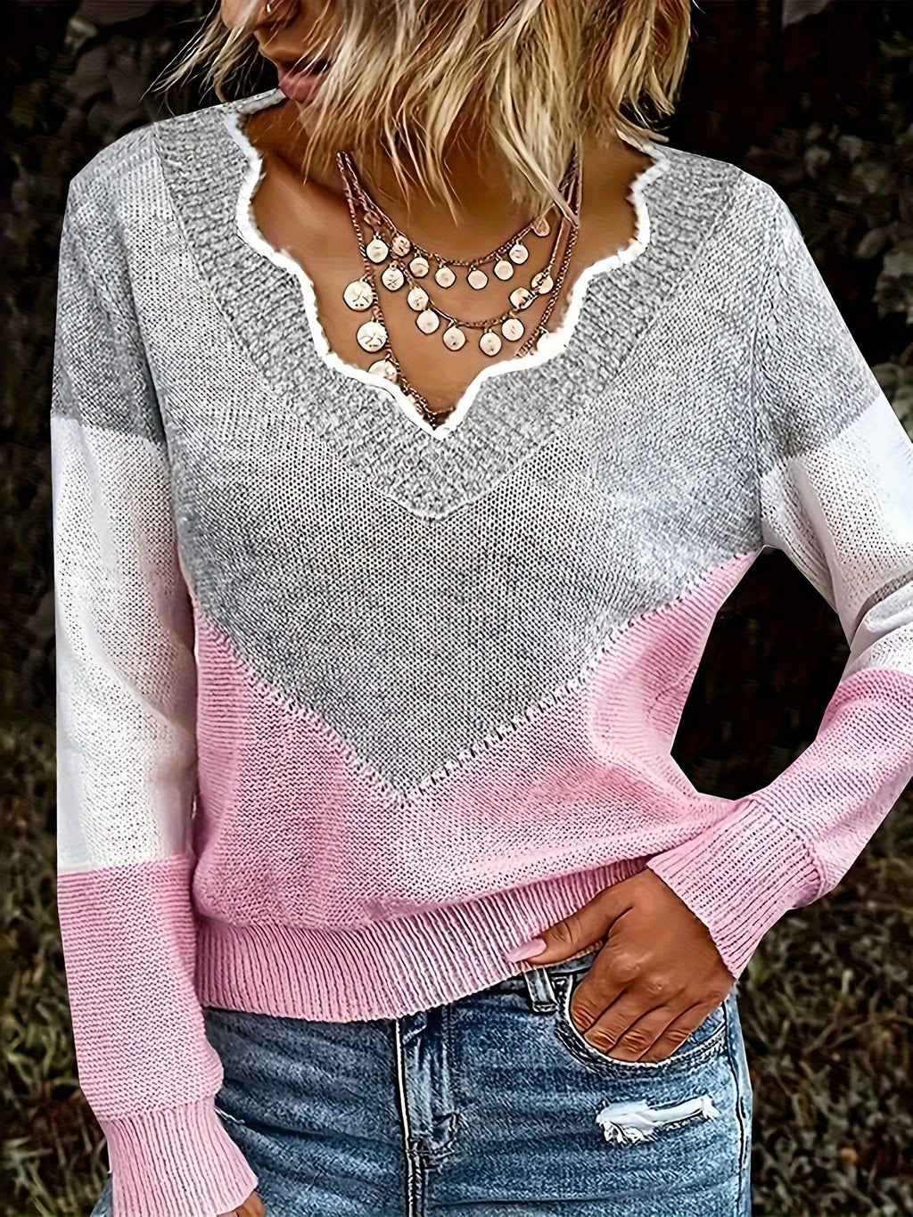 Women's V-Neck Colorblock Sweater – Casual Wear, Stylish Layering