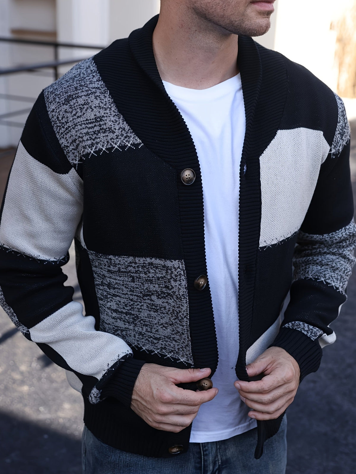 Men's Color-Blocked Button-Up Cardigan – Casual Wear, Layering