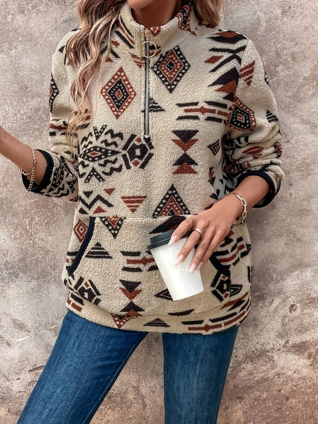 Women's Aztec-Print Quarter-Zip Pullover – Casual Wear, Layering