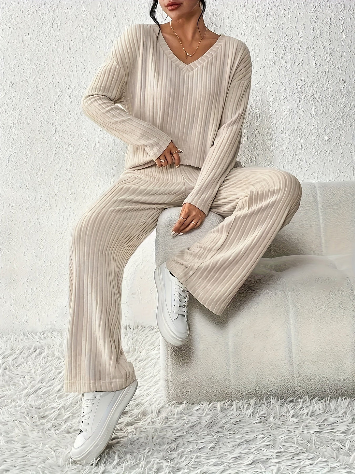Women's Ribbed Lounge Two-Piece Set – Relaxing, Home Wear