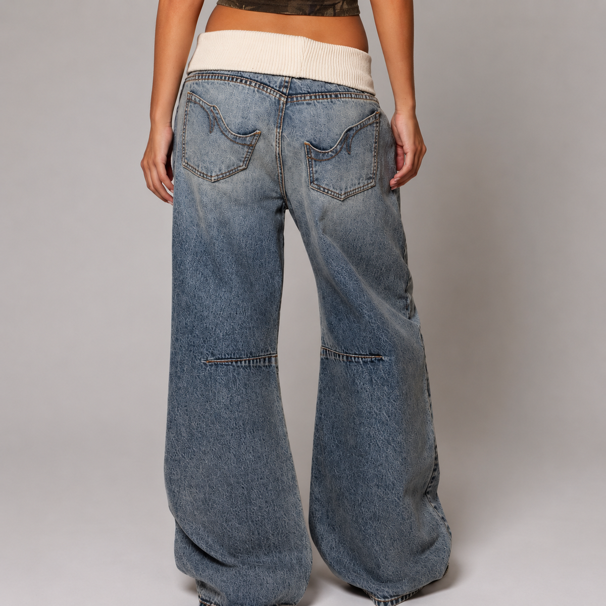 Women's Baggy Wide-Leg Jeans with Ribbed Waistband – Casual, Everyday Wear