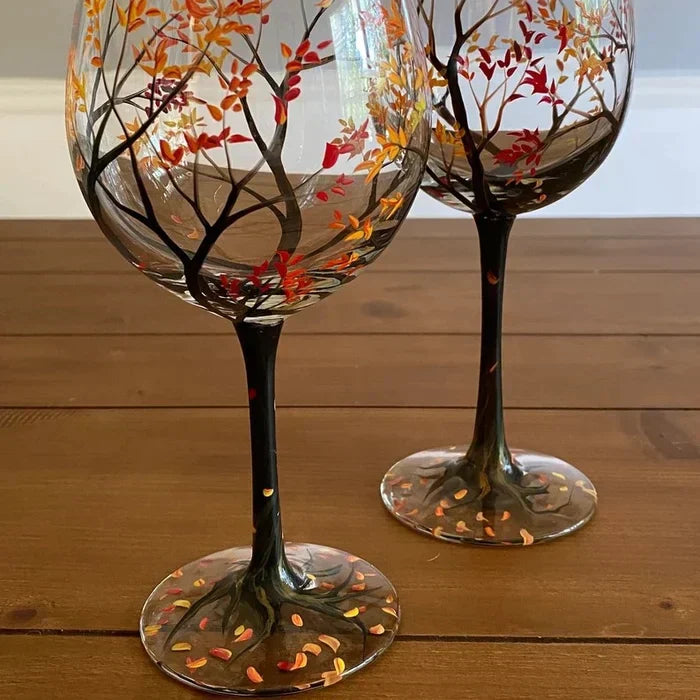 Hand Painted Four Seasons Tree Wine Glasses | Unique Art – Home, Gift