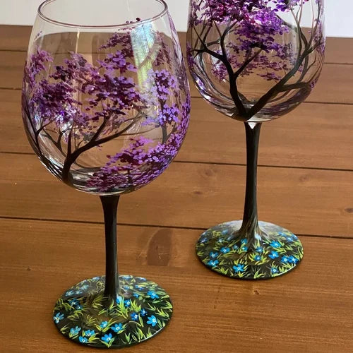 Hand Painted Four Seasons Tree Wine Glasses | Unique Art – Home, Gift