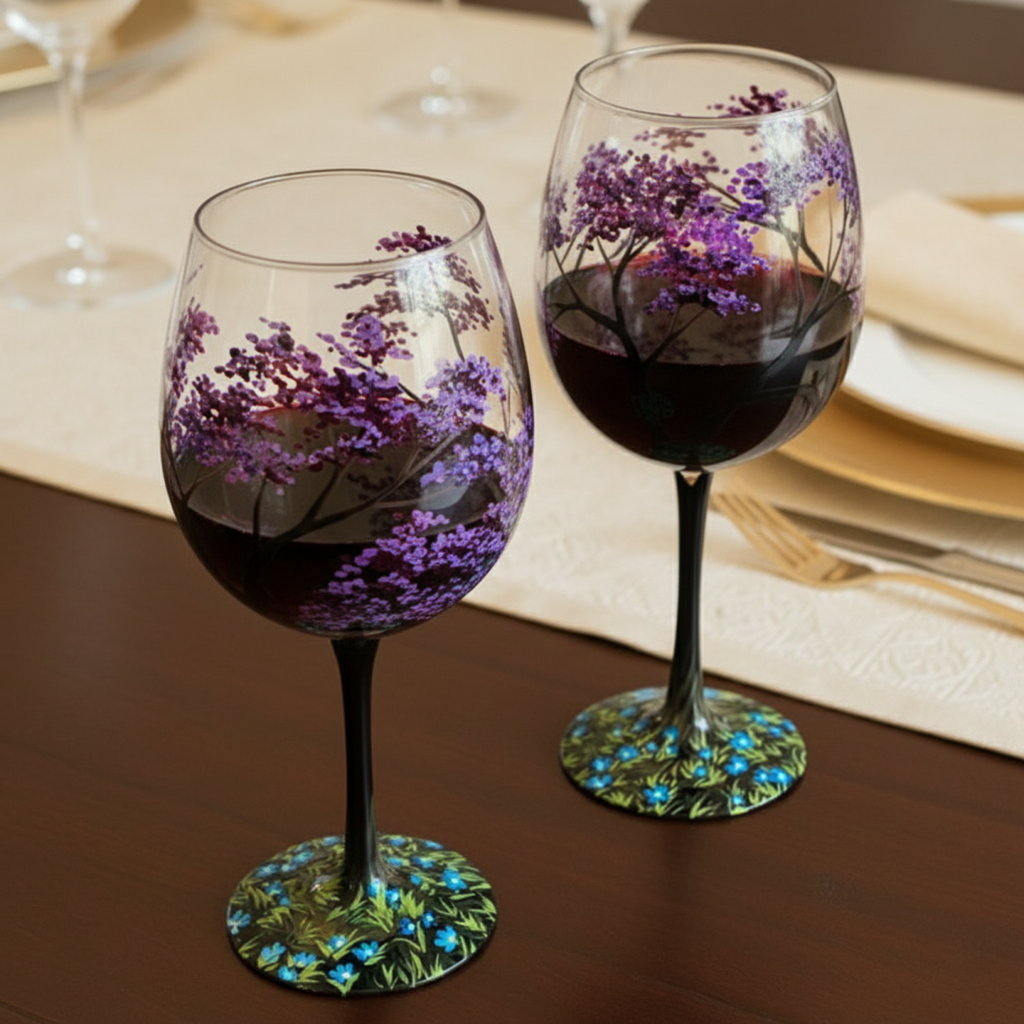 Hand Painted Four Seasons Tree Wine Glasses | Unique Art – Home, Gift