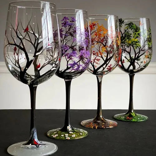 Hand Painted Four Seasons Tree Wine Glasses | Unique Art – Home, Gift