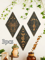 Wooden Wall Decoration Rhombus Black Moon Phases – Boho Home Decor, Aesthetic Gift