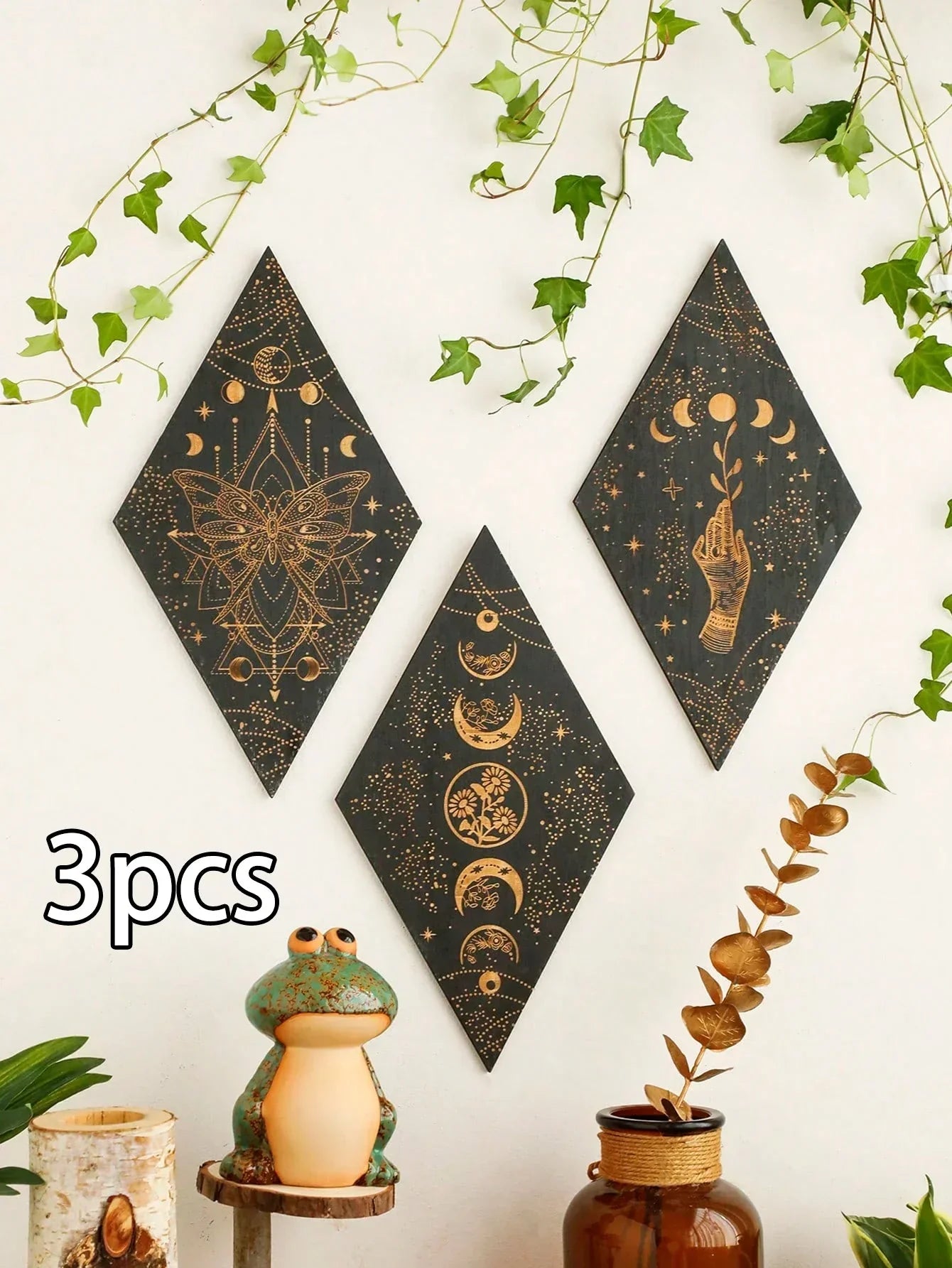 Wooden Wall Decoration Rhombus Black Moon Phases – Boho Home Decor, Aesthetic Gift