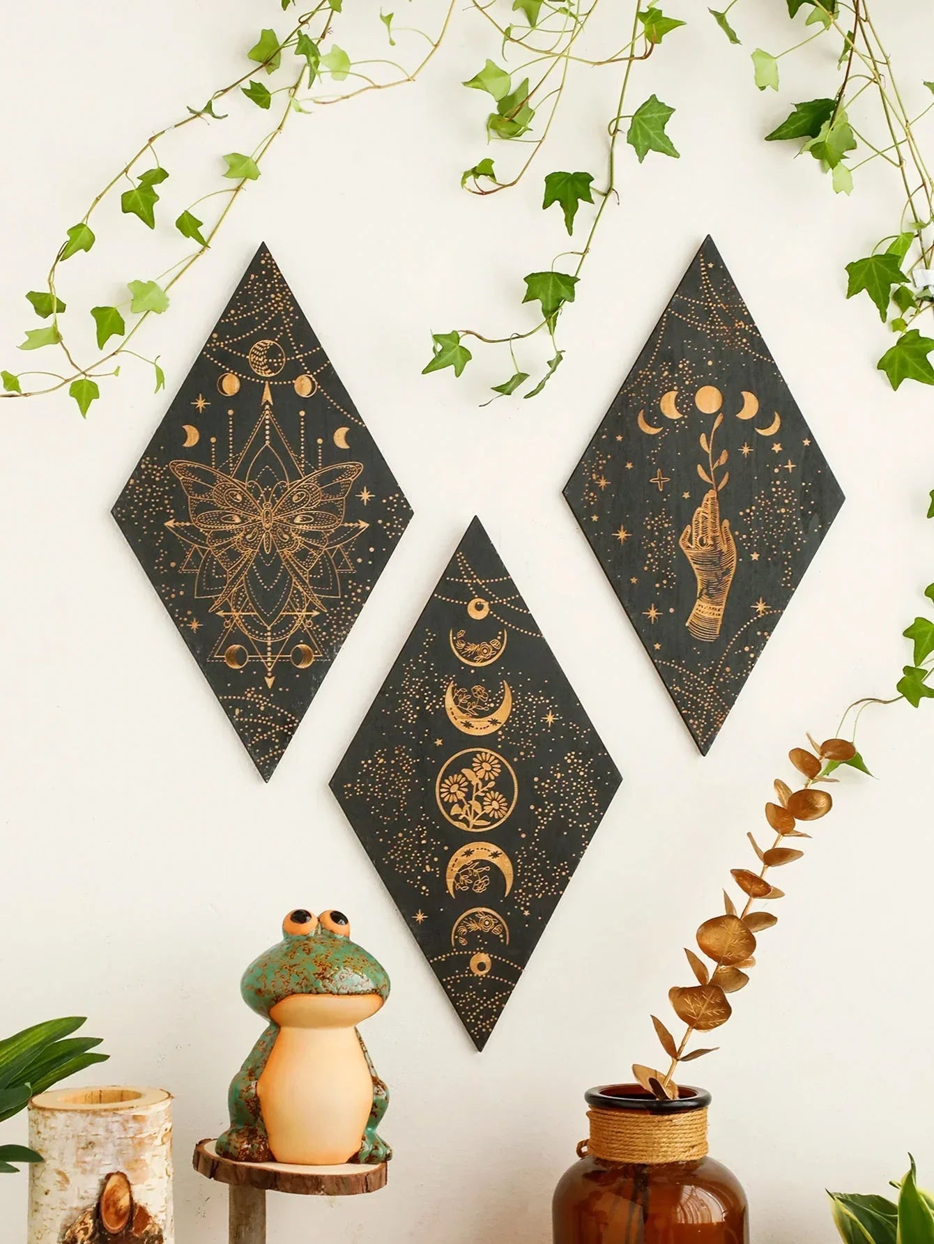 Wooden Wall Decoration Rhombus Black Moon Phases – Boho Home Decor, Aesthetic Gift