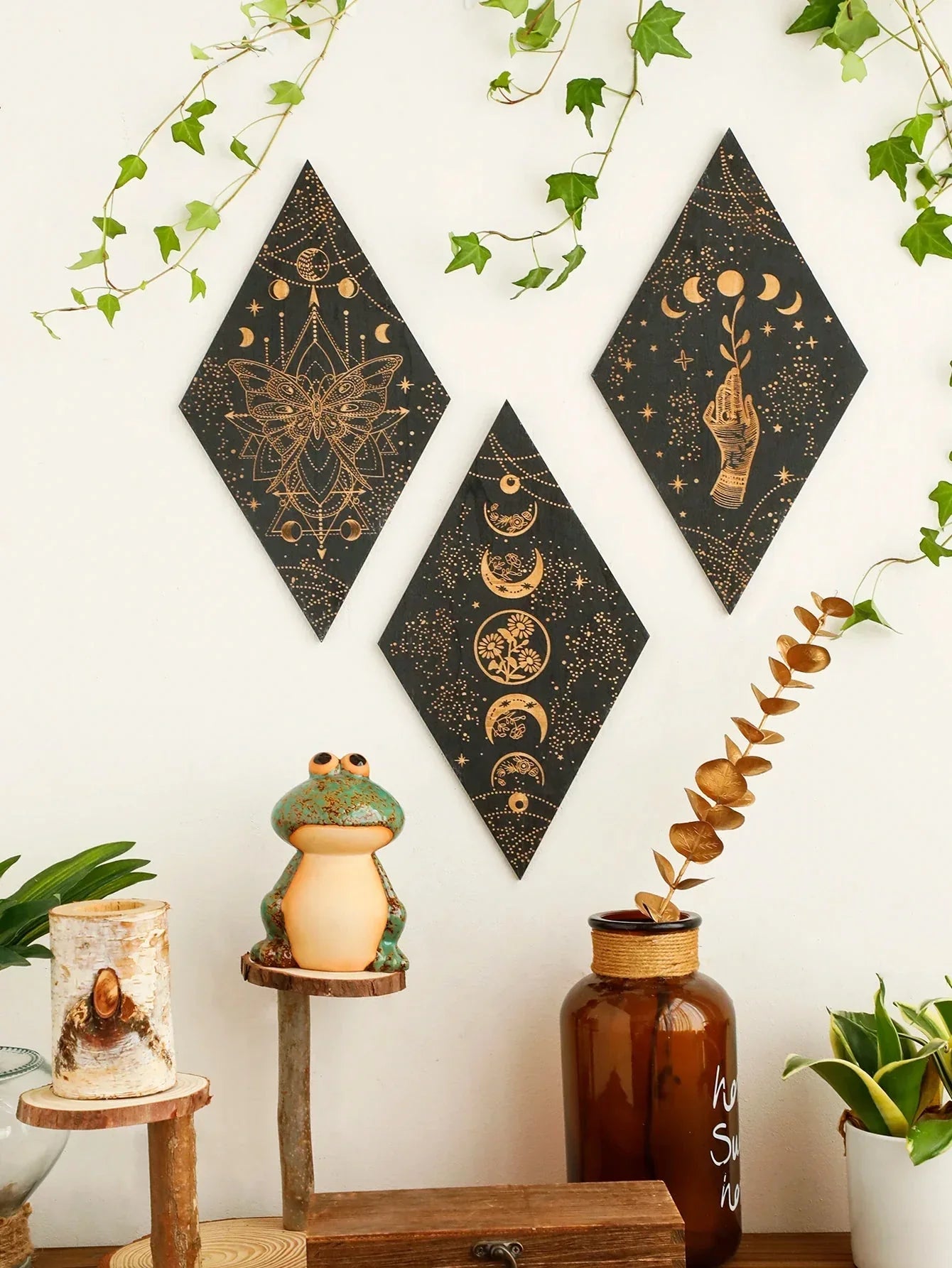 Wooden Wall Decoration Rhombus Black Moon Phases – Boho Home Decor, Aesthetic Gift