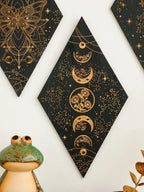 Wooden Wall Decoration Rhombus Black Moon Phases – Boho Home Decor, Aesthetic Gift
