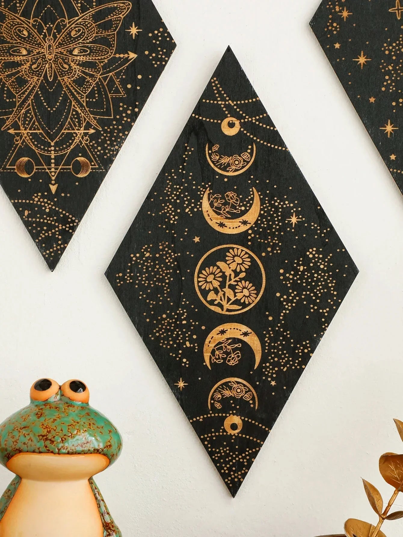 Wooden Wall Decoration Rhombus Black Moon Phases – Boho Home Decor, Aesthetic Gift