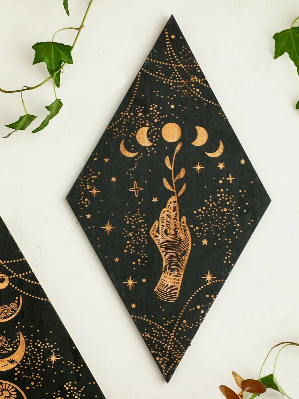Wooden Wall Decoration Rhombus Black Moon Phases – Boho Home Decor, Aesthetic Gift
