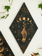 Wooden Wall Decoration Rhombus Black Moon Phases – Boho Home Decor, Aesthetic Gift