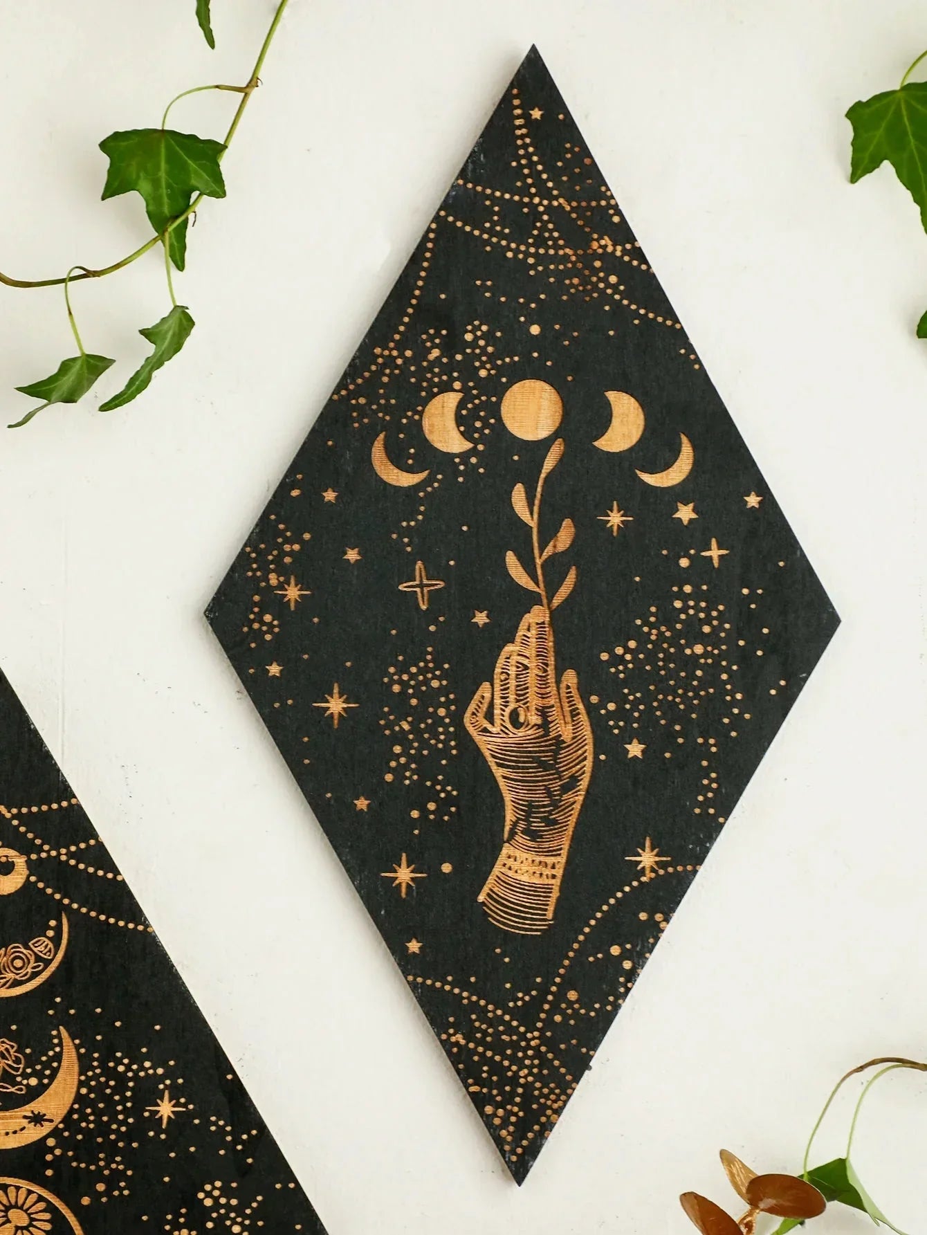 Wooden Wall Decoration Rhombus Black Moon Phases – Boho Home Decor, Aesthetic Gift