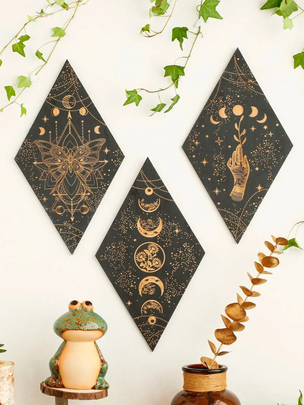 Wooden Wall Decoration Rhombus Black Moon Phases – Boho Home Decor, Aesthetic Gift
