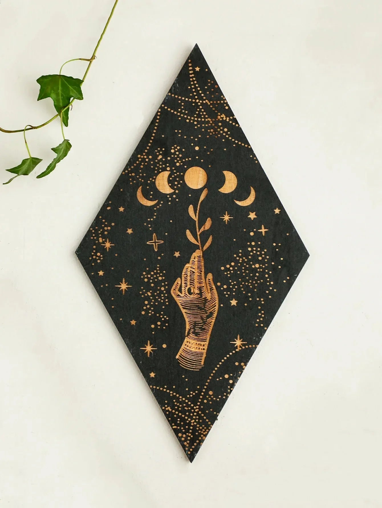 Wooden Wall Decoration Rhombus Black Moon Phases – Boho Home Decor, Aesthetic Gift