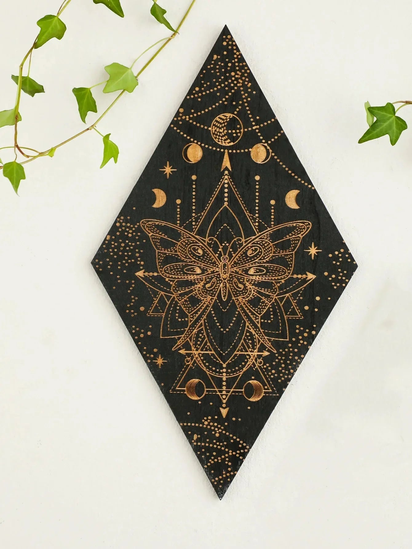 Wooden Wall Decoration Rhombus Black Moon Phases – Boho Home Decor, Aesthetic Gift