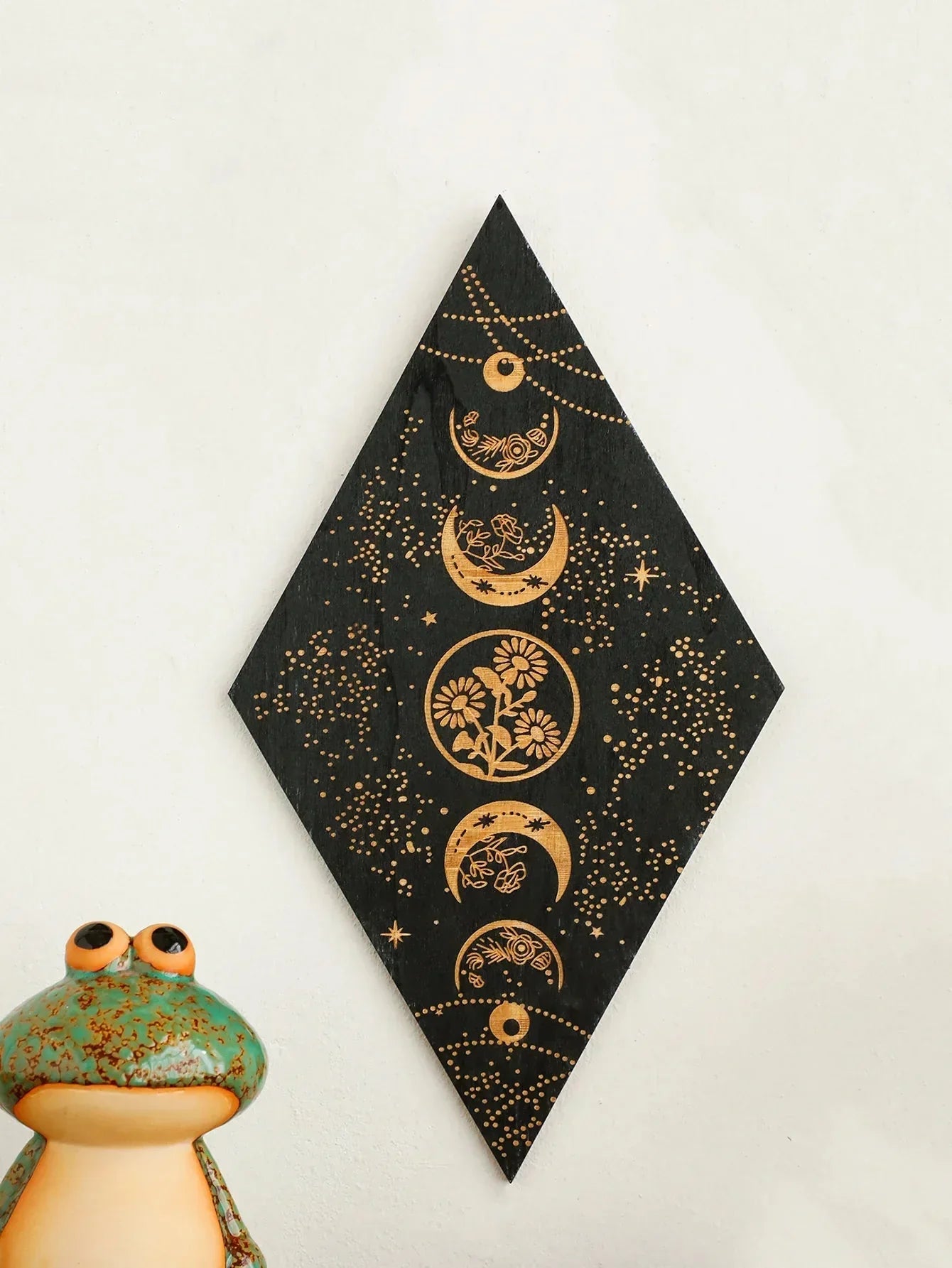 Wooden Wall Decoration Rhombus Black Moon Phases – Boho Home Decor, Aesthetic Gift
