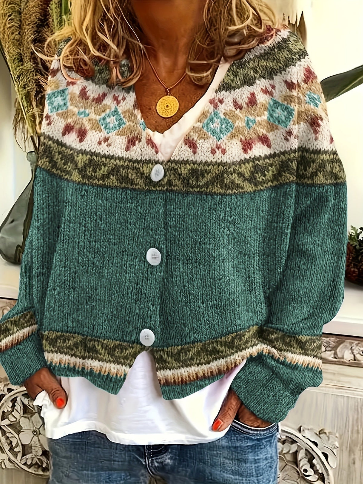 Women's Patterned Button-Front Cardigan – Casual Wear, Layering