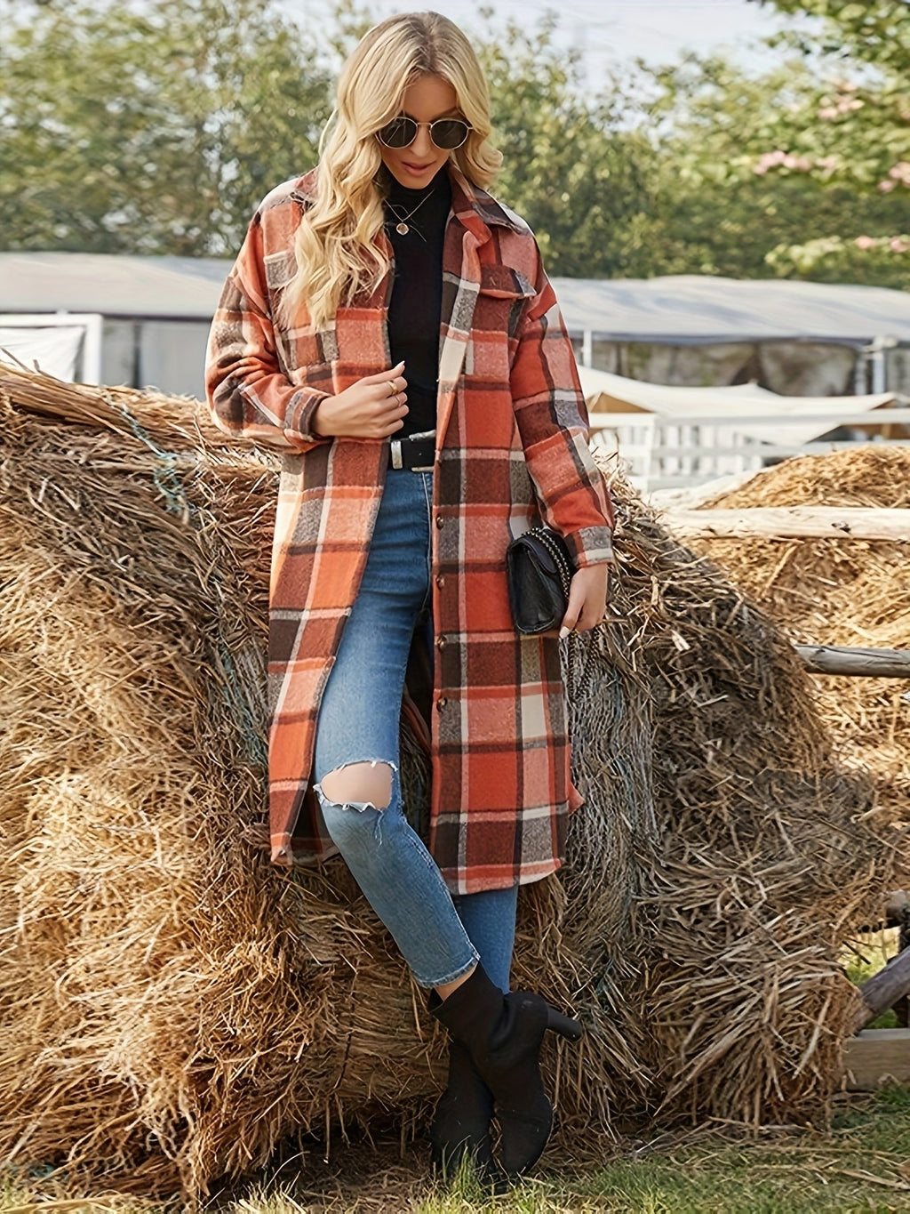 Women's Longline Plaid Coat – Casual Wear, Stylish Layering