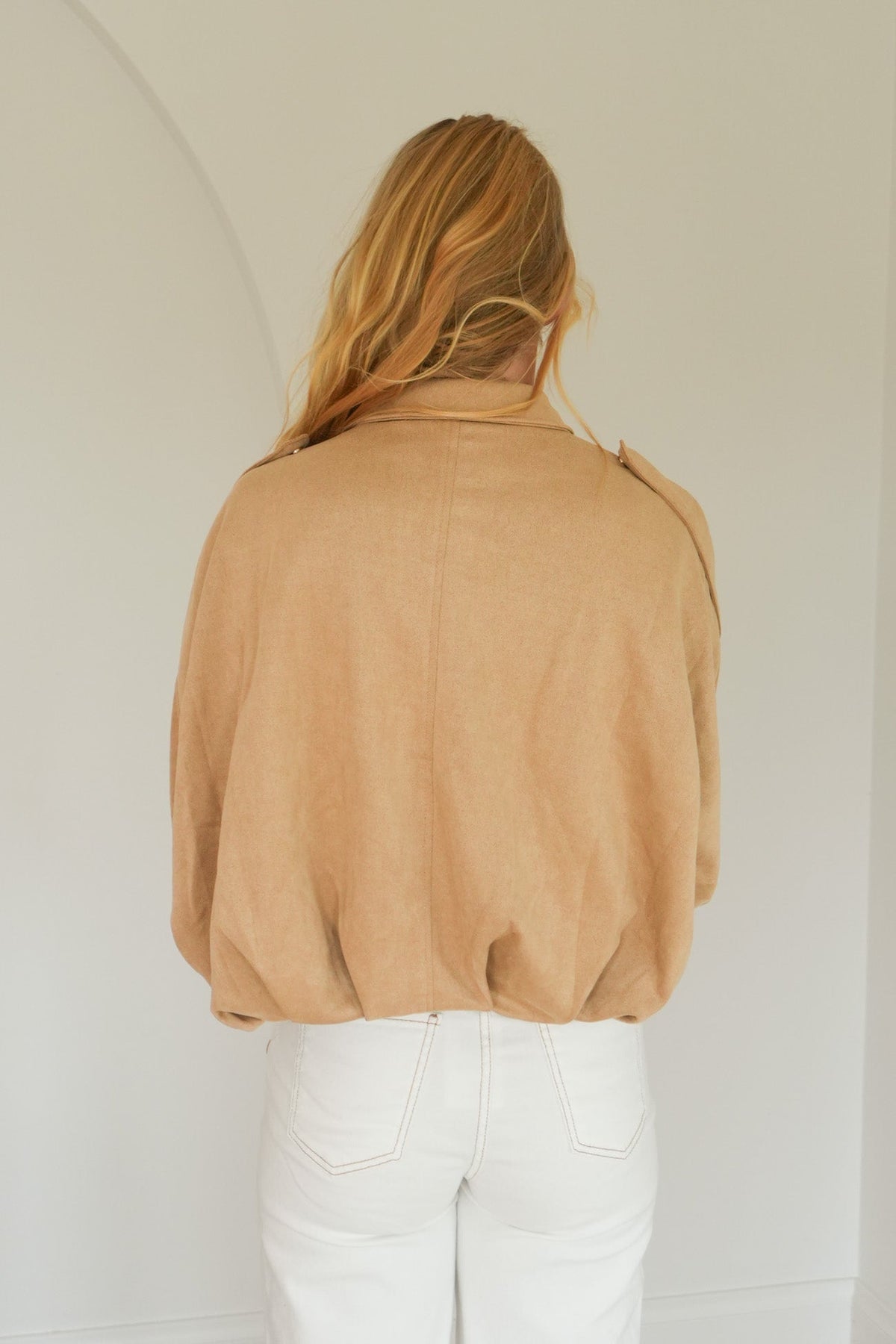 Women's Beige Suede Bomber Jacket – Casual Wear, Stylish Layering