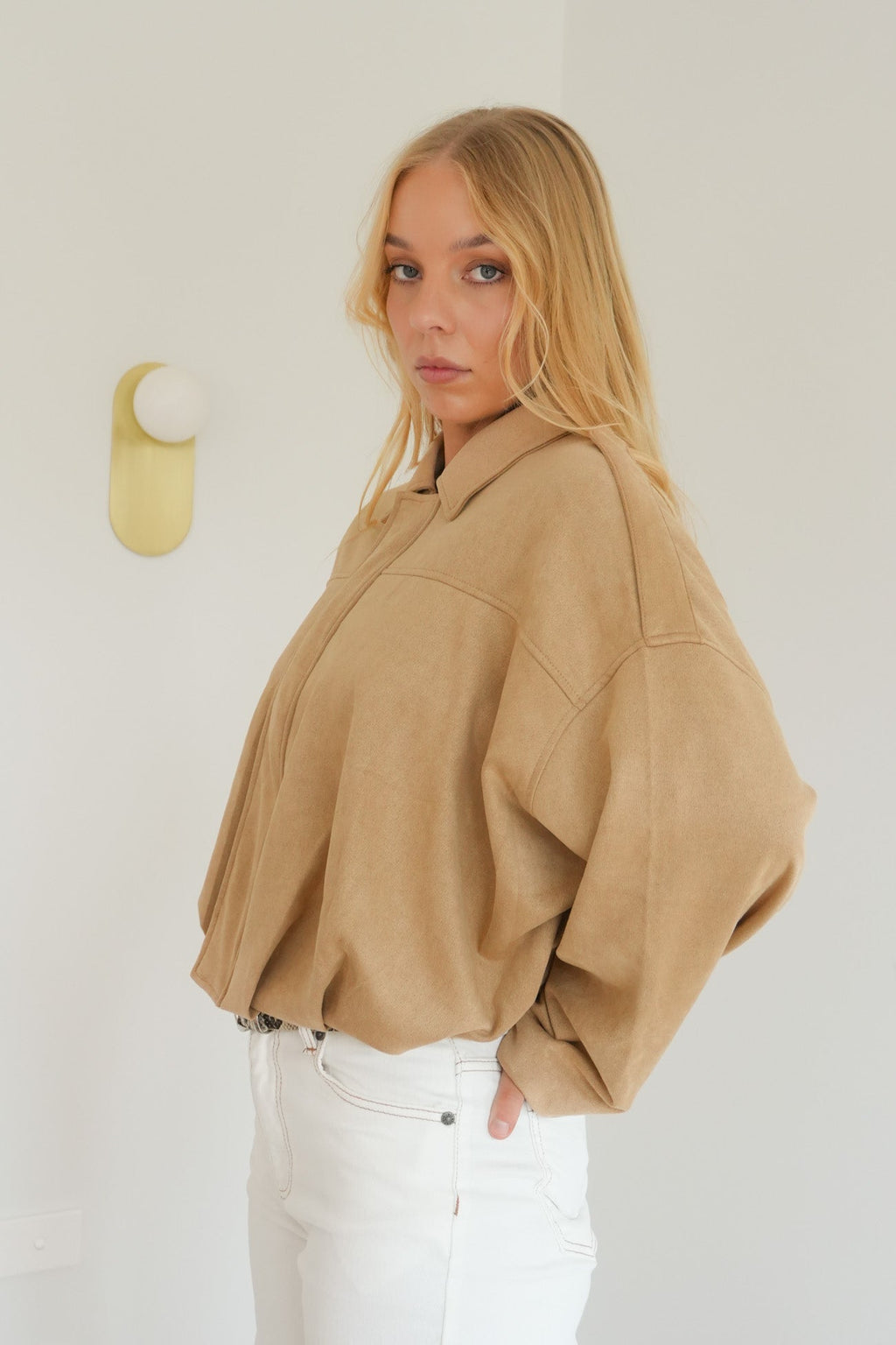 Women's Beige Suede Bomber Jacket – Casual Wear, Stylish Layering