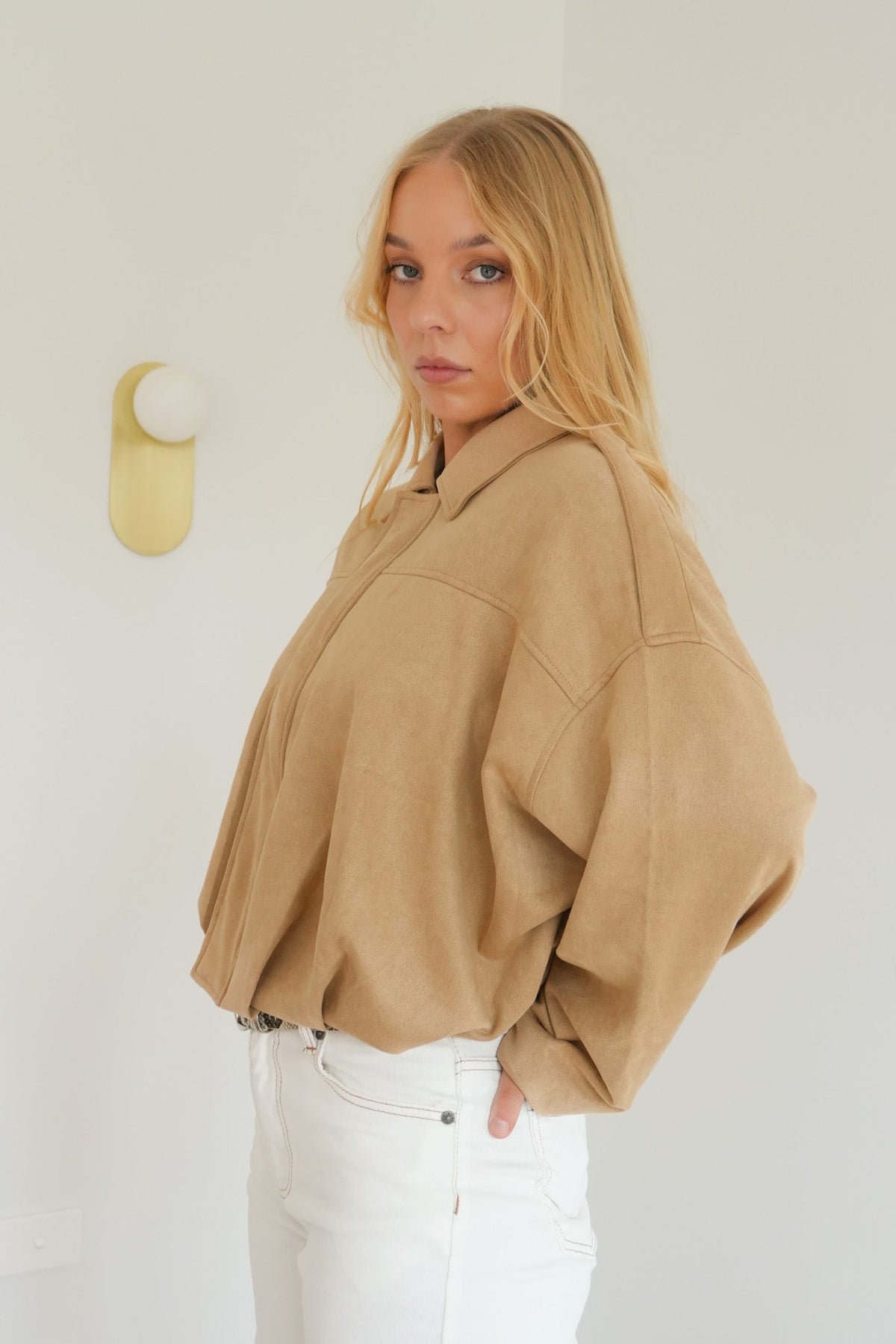 Women's Beige Suede Bomber Jacket – Casual Wear, Stylish Layering