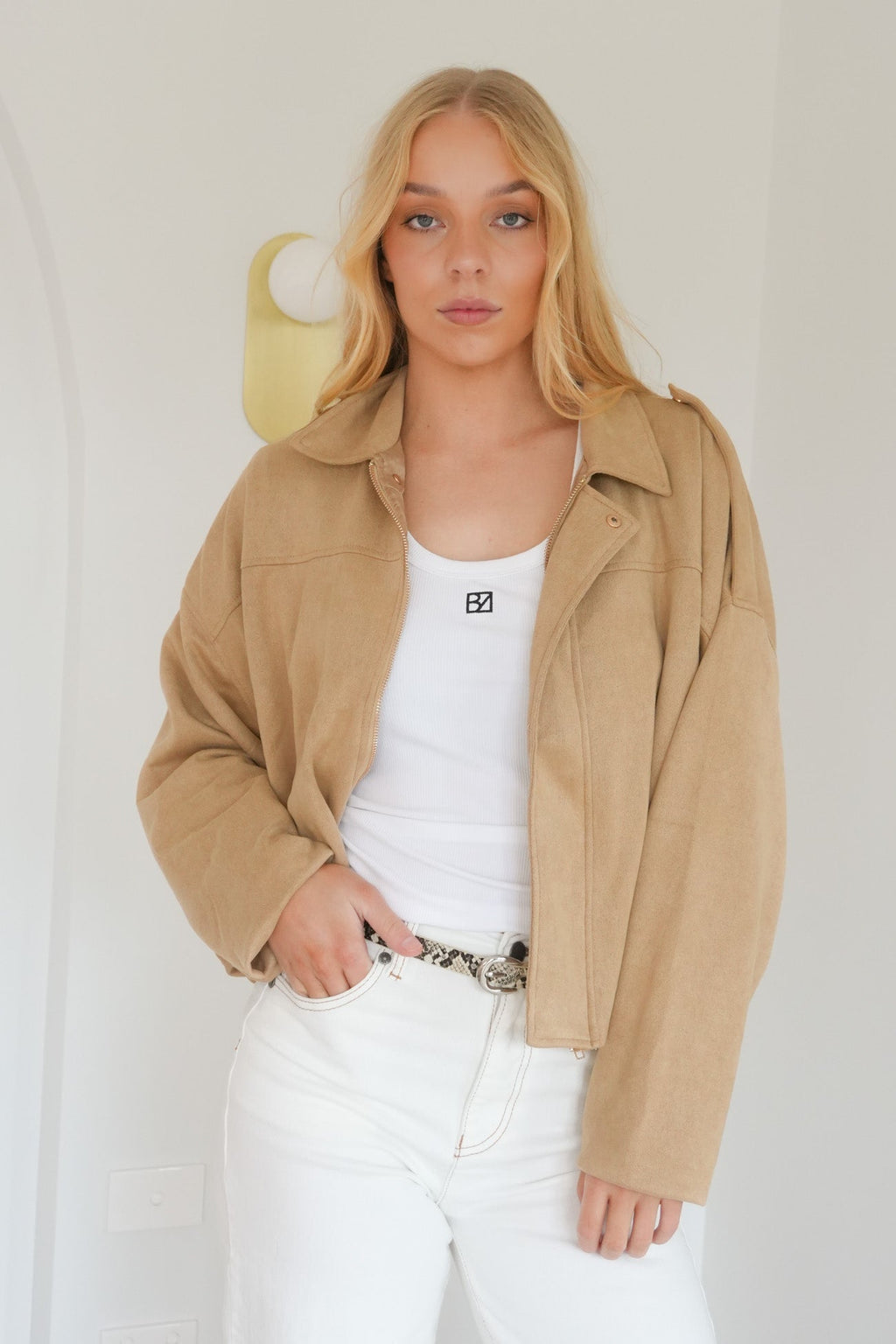 Women's Beige Suede Bomber Jacket – Casual Wear, Stylish Layering