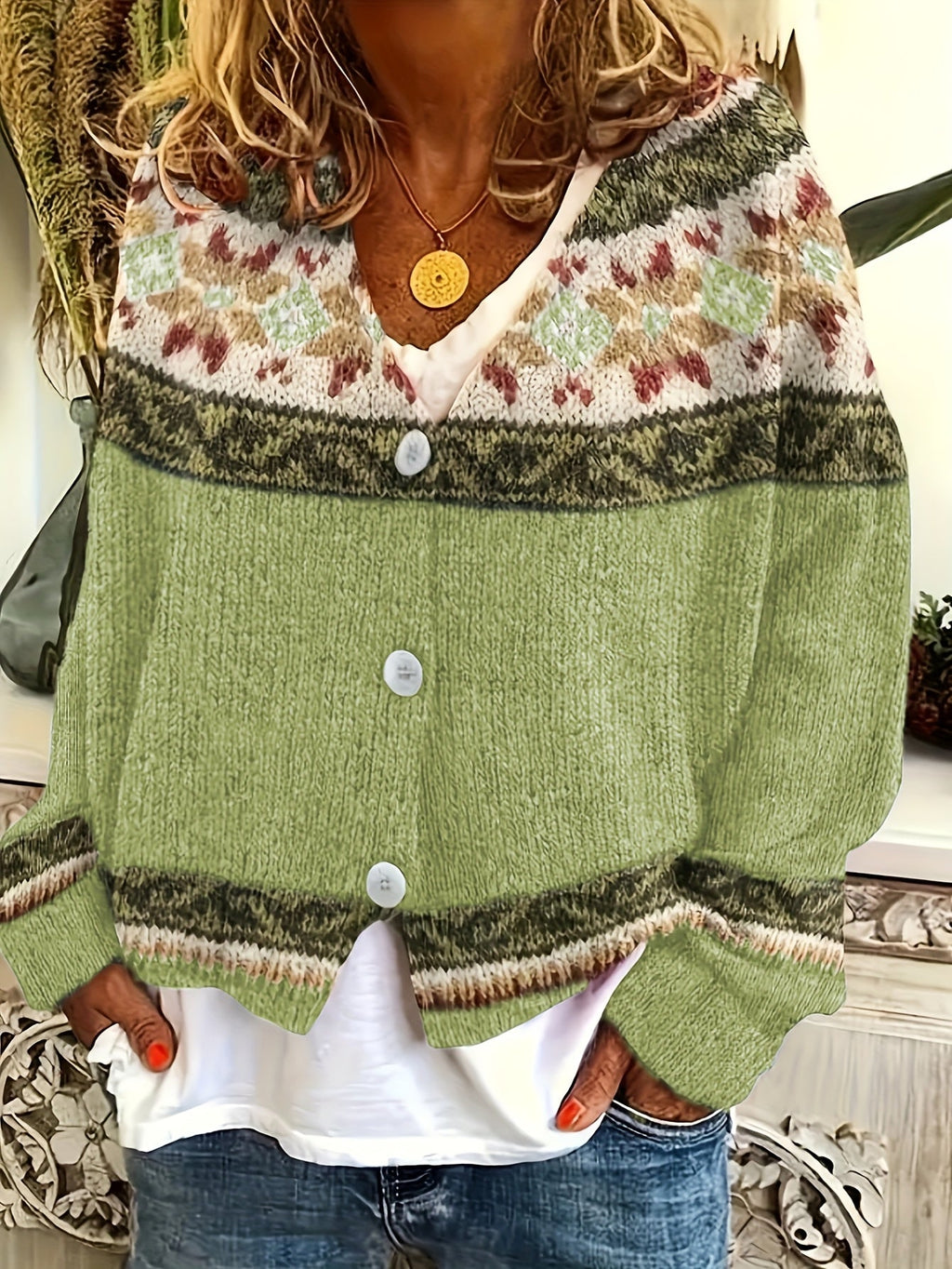 Women's Patterned Button-Front Cardigan – Casual Wear, Layering