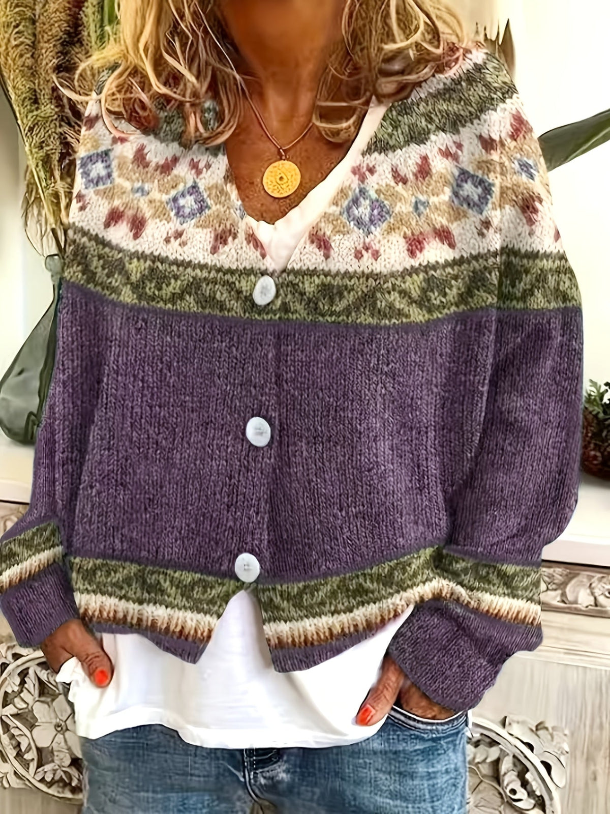 Women's Patterned Button-Front Cardigan – Casual Wear, Layering