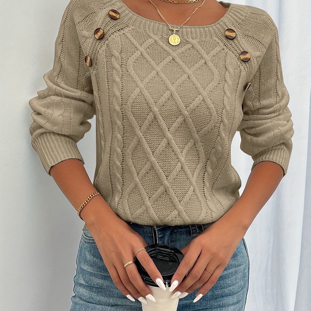 Cable Knit Sweater White Long Sleeve Women's Square Neck – Casual, Office