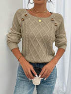 Cable Knit Sweater White Long Sleeve Women's Square Neck – Casual, Office