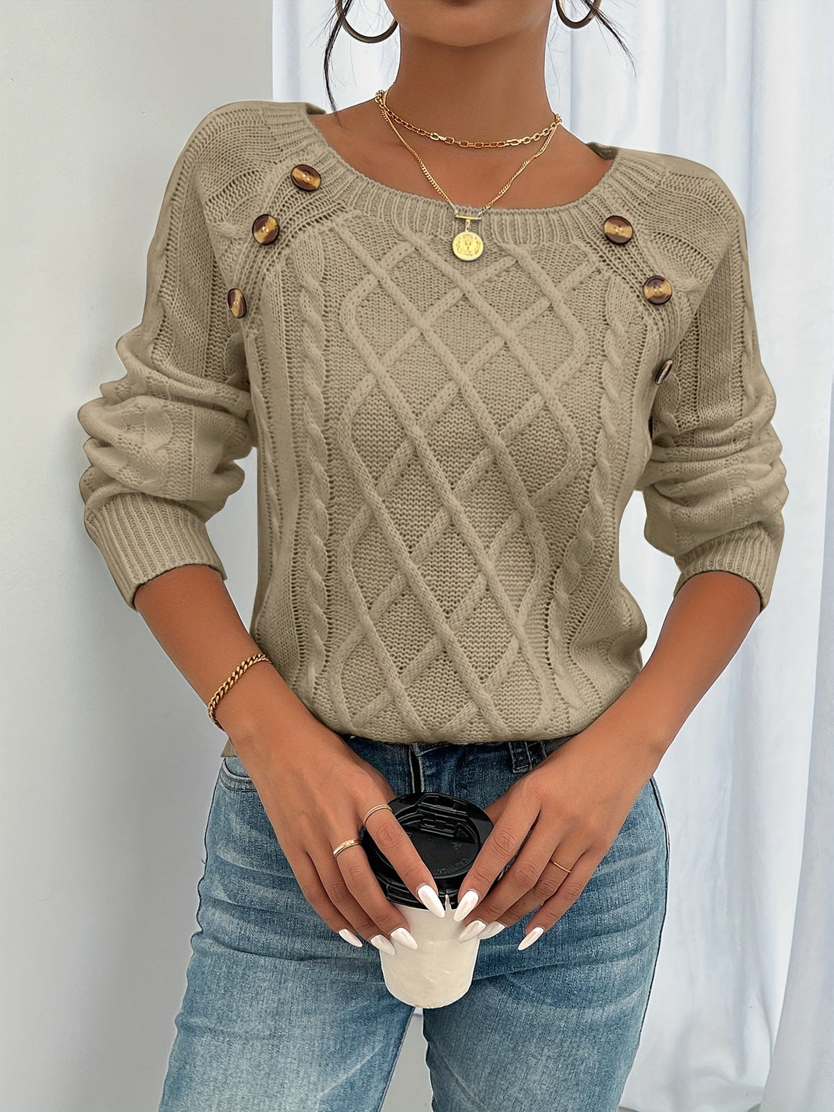 Cable Knit Sweater White Long Sleeve Women's Square Neck – Casual, Office