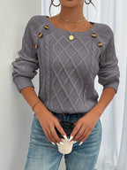 Cable Knit Sweater White Long Sleeve Women's Square Neck – Casual, Office