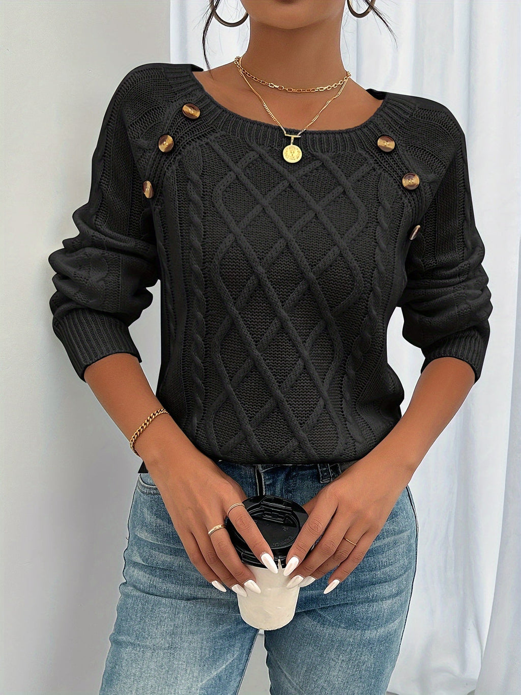 Cable Knit Sweater White Long Sleeve Women's Square Neck – Casual, Office