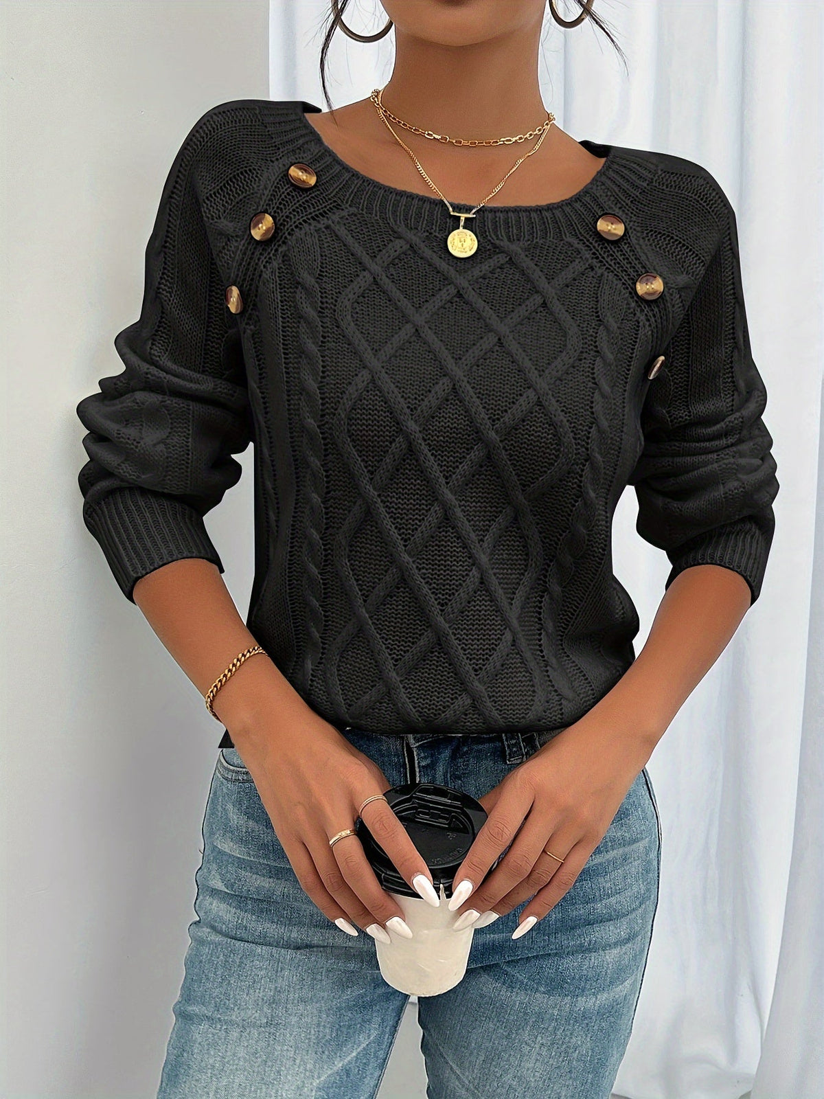 Cable Knit Sweater White Long Sleeve Women's Square Neck – Casual, Office