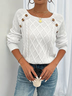 Cable Knit Sweater White Long Sleeve Women's Square Neck – Casual, Office