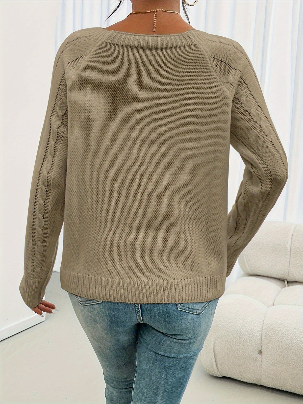 Cable Knit Sweater White Long Sleeve Women's Square Neck – Casual, Office