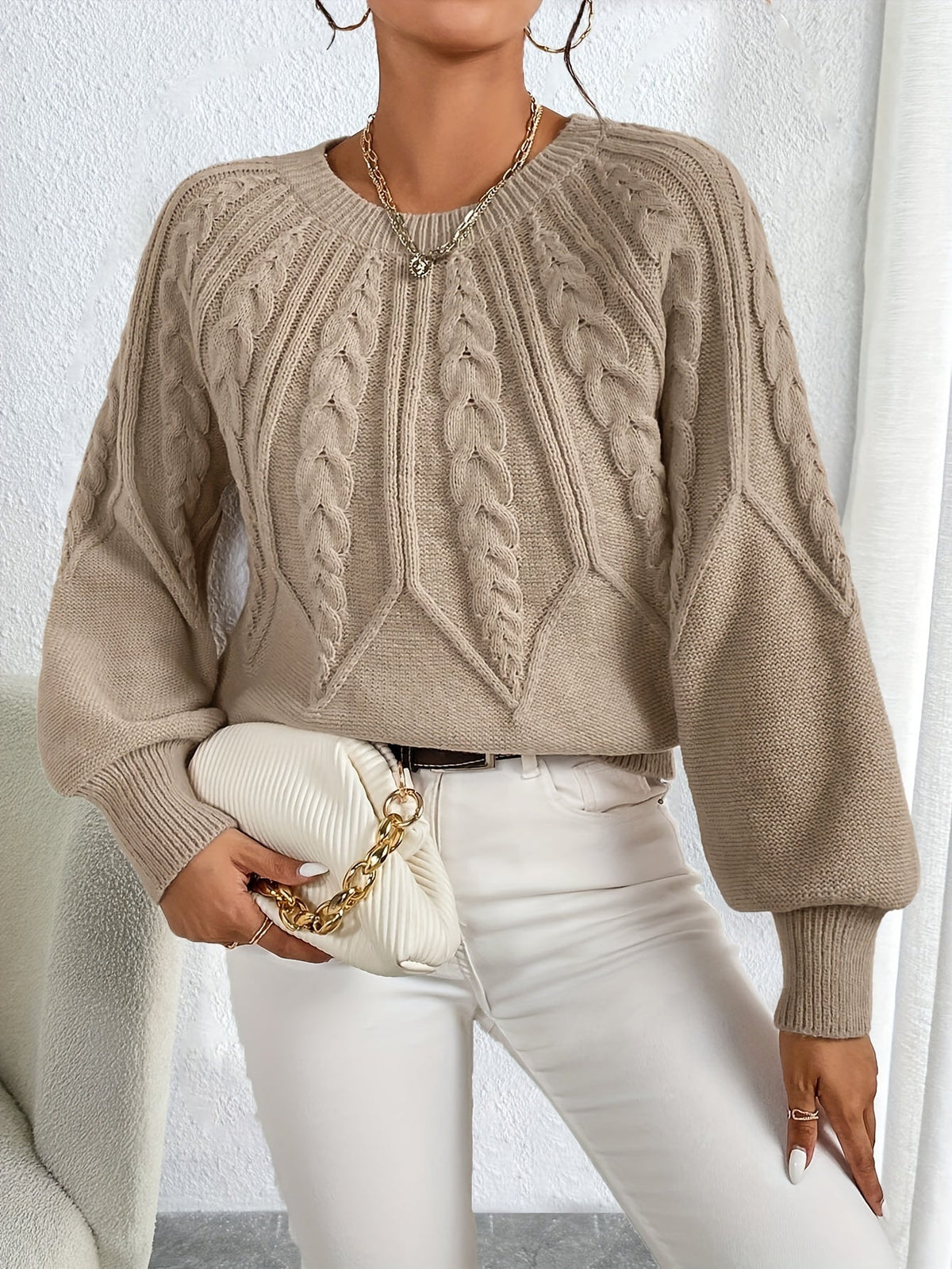 Cable Knit Sweater Women's Balloon Sleeve Crew Neck – Casual, Office